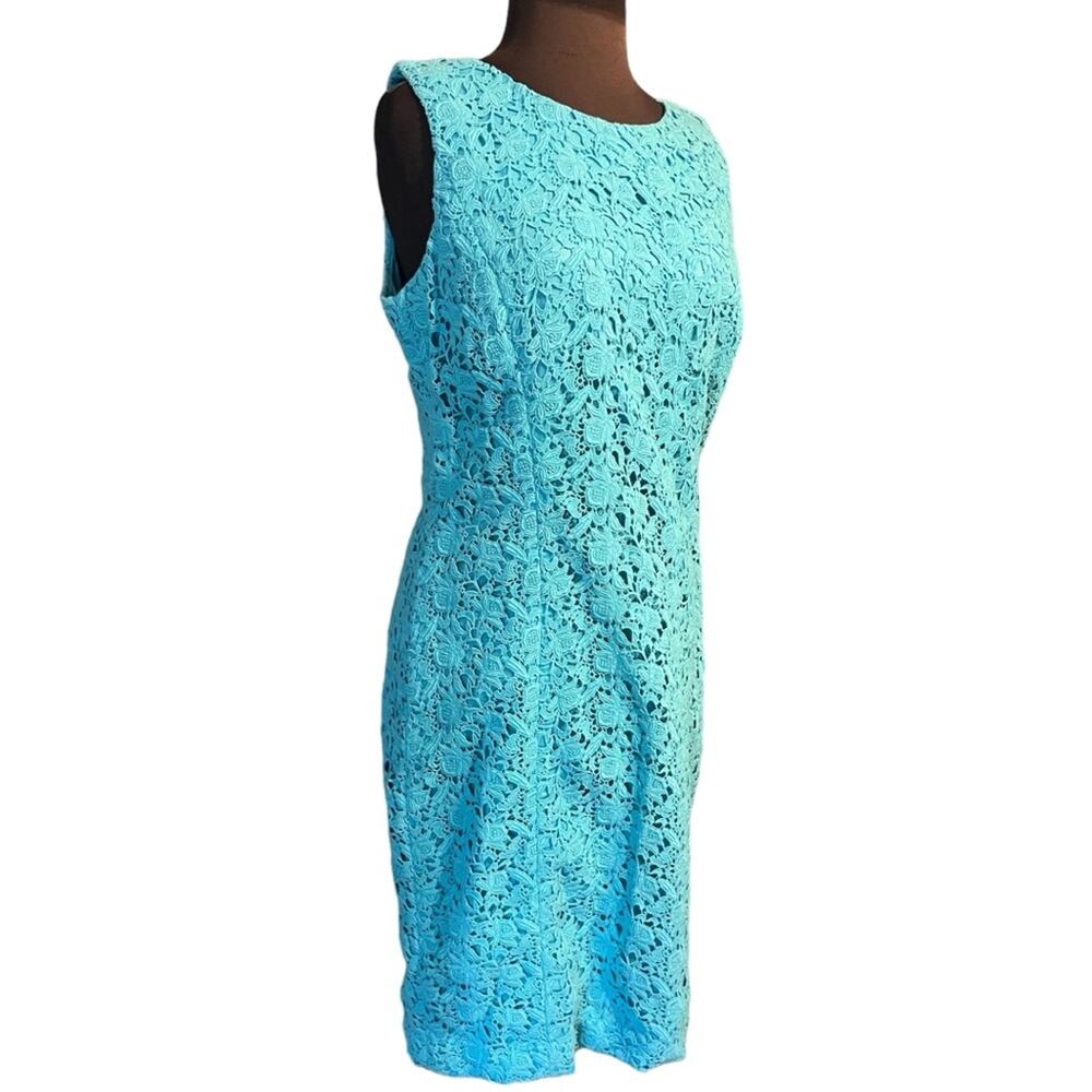 Talbots Aqua Lace Modest Boho Feminine Sleeveless Coquette Shift Dress Size 10